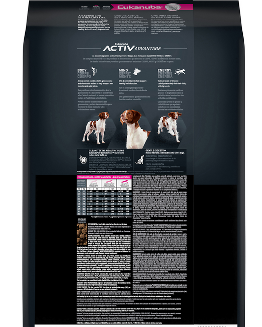 Eukanuba dog food packaging with text and images on a black background