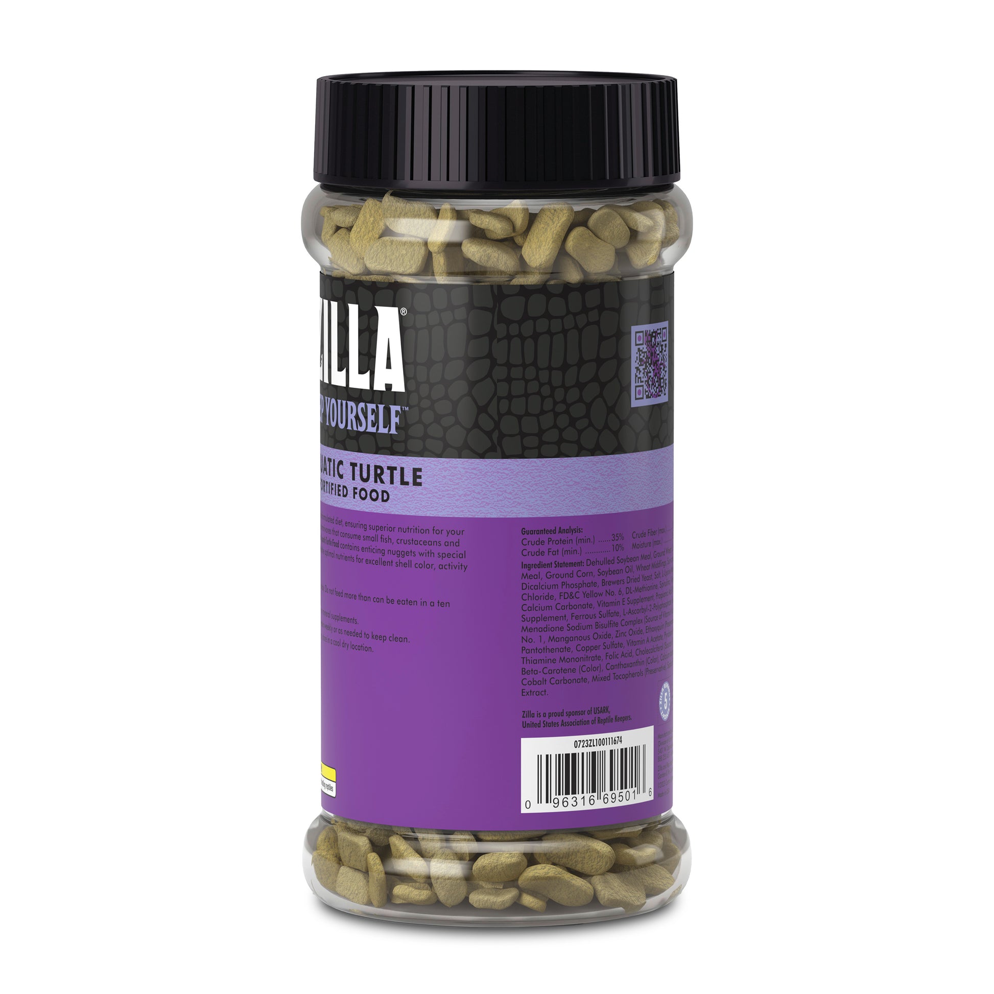 Jar of turtle food with a purple label on a white background