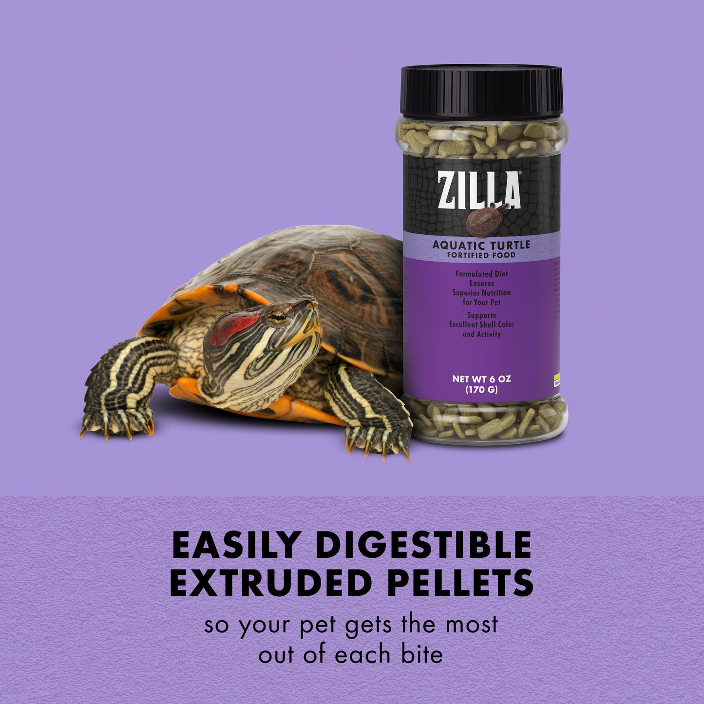 Zilla Aquatic Turtle Fortified Food container with a turtle on a purple background