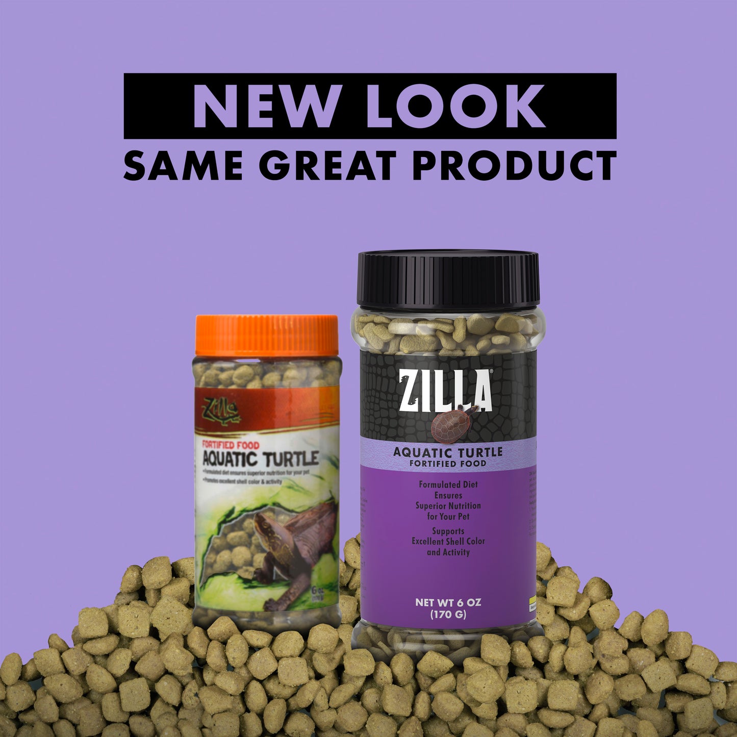 Two jars of Zilla aquatic turtle food on a purple background with text 'New Look Same Great Product'.