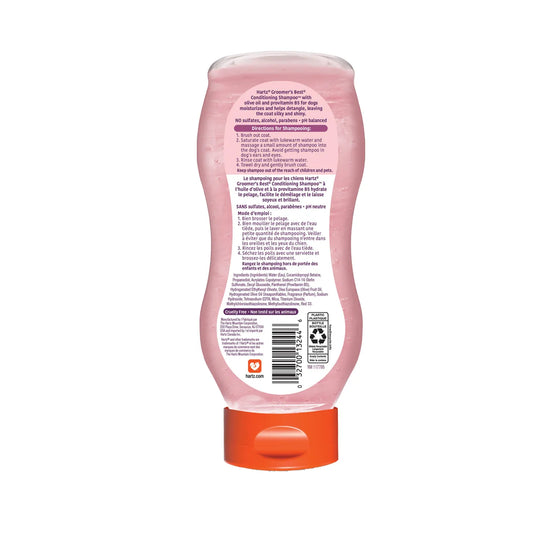 Back view of a pink shampoo bottle 