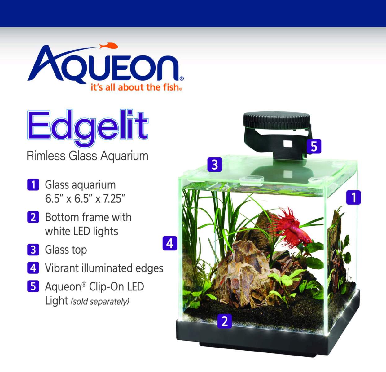 Aqueon Edgelit Rimless Glass Aquarium. Sizes 1 gl, 3 gls, 6 gls. (Clip - on Led Ligth sold separately)