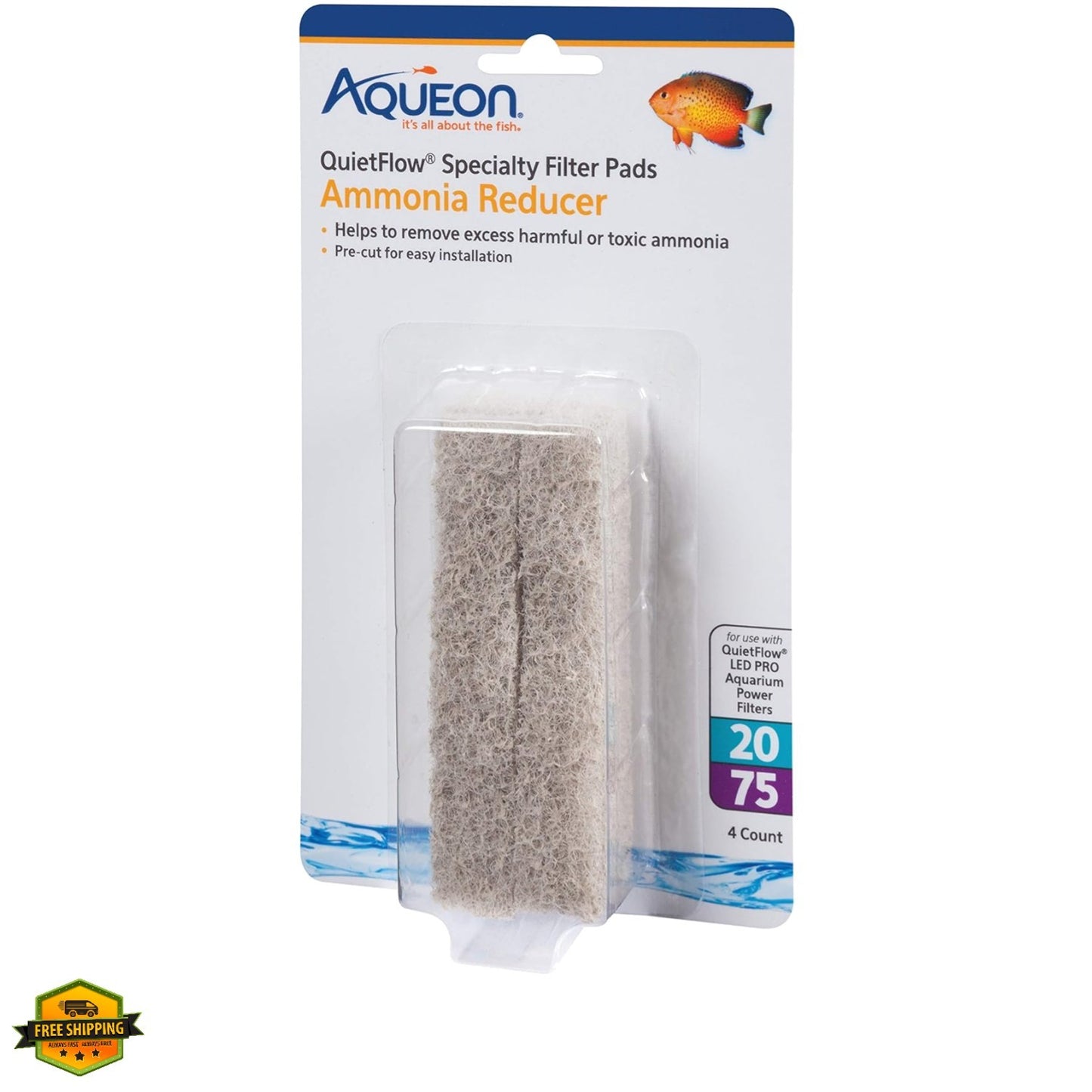 Aqueon QuiteFlow Specialty Filter Pads Ammonia Reducer (10, 20/75), 4 Count Pack