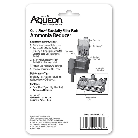Aqueon QuiteFlow Specialty Filter Pads Ammonia Reducer (10, 20/75), 4 Count Pack