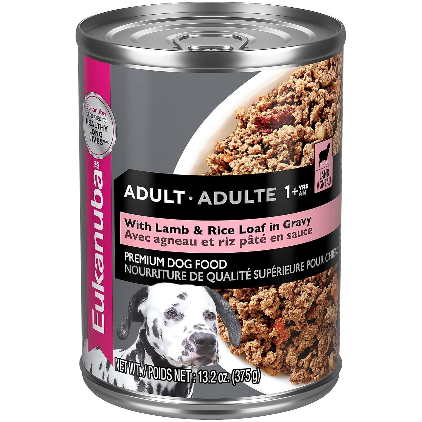 Can of Eukanuba adult dog food with lamb and rice 