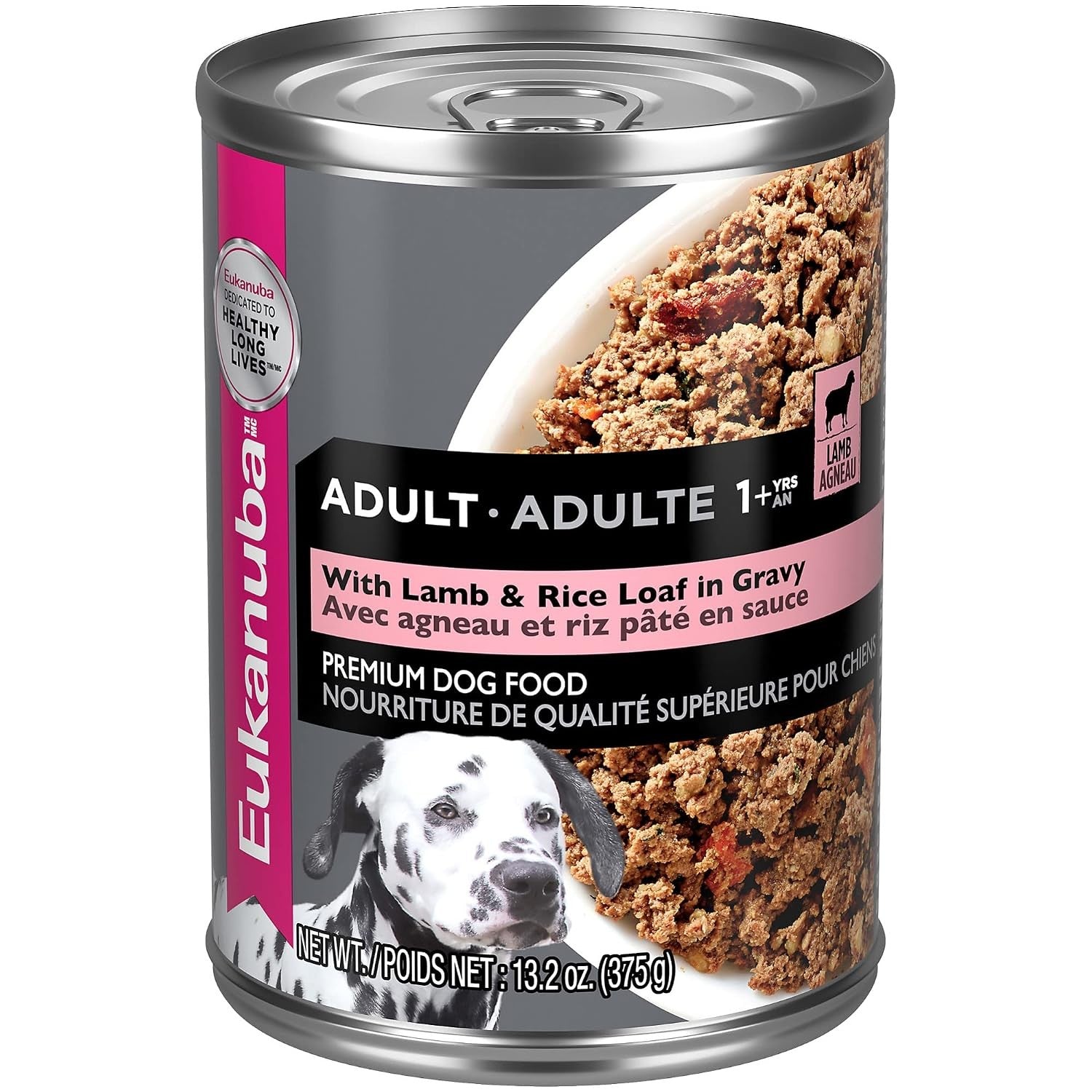 Can of Eukanuba adult dog food with lamb and rice 