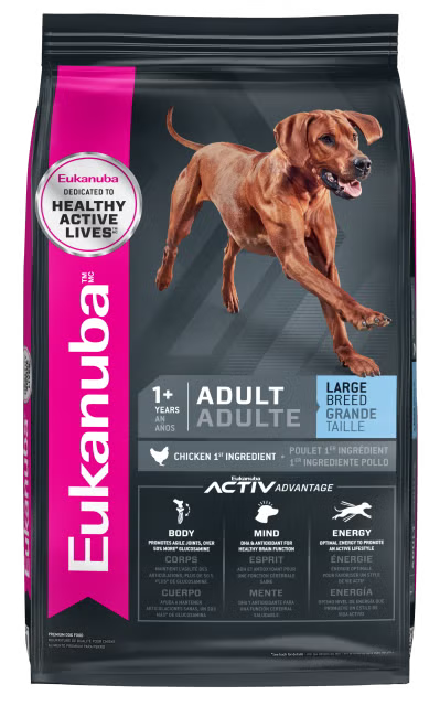 Eukanuba dog food package for adult large breed dogs on a black background