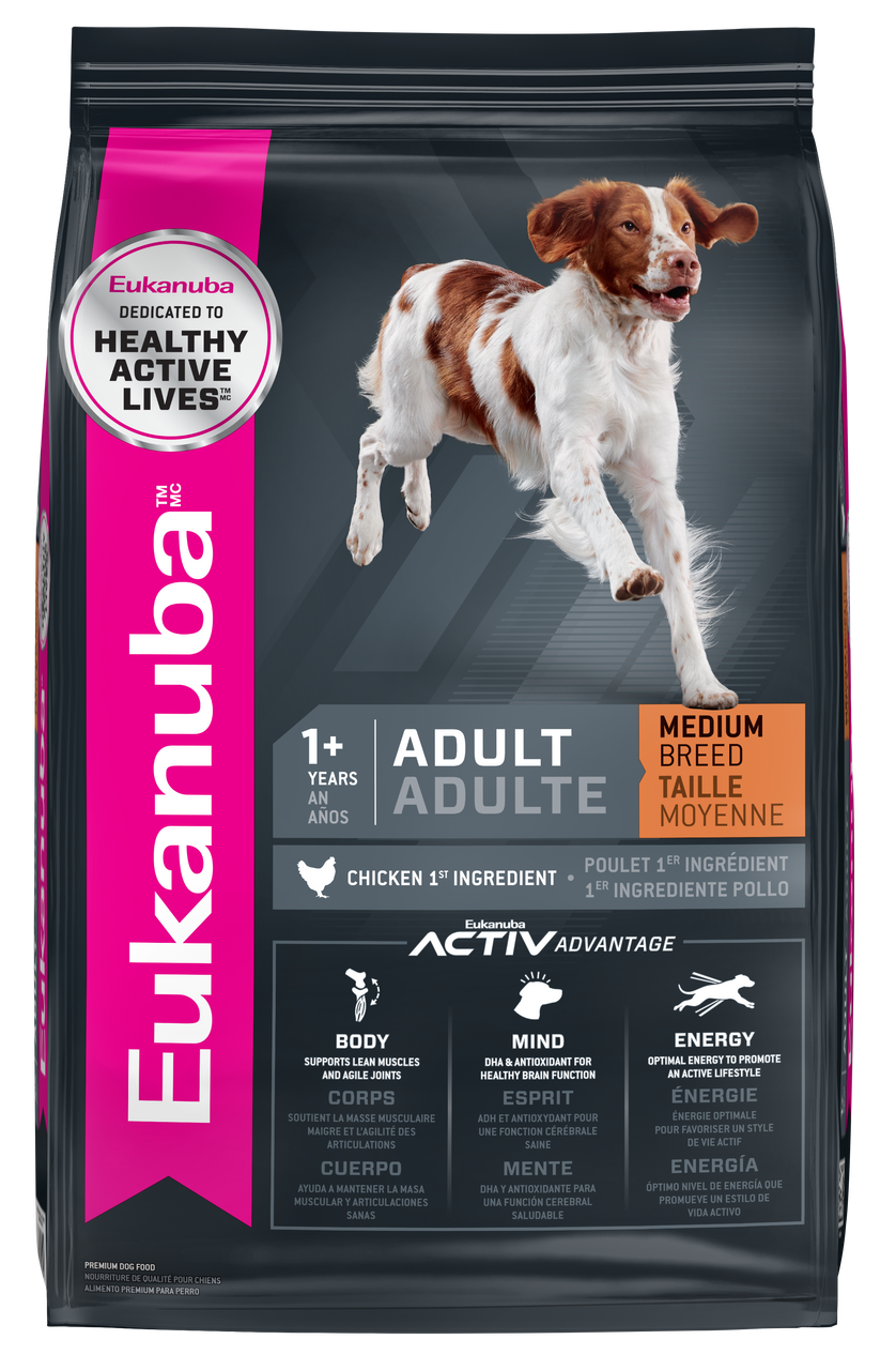 Eukanuba dog food package with a dog on the label