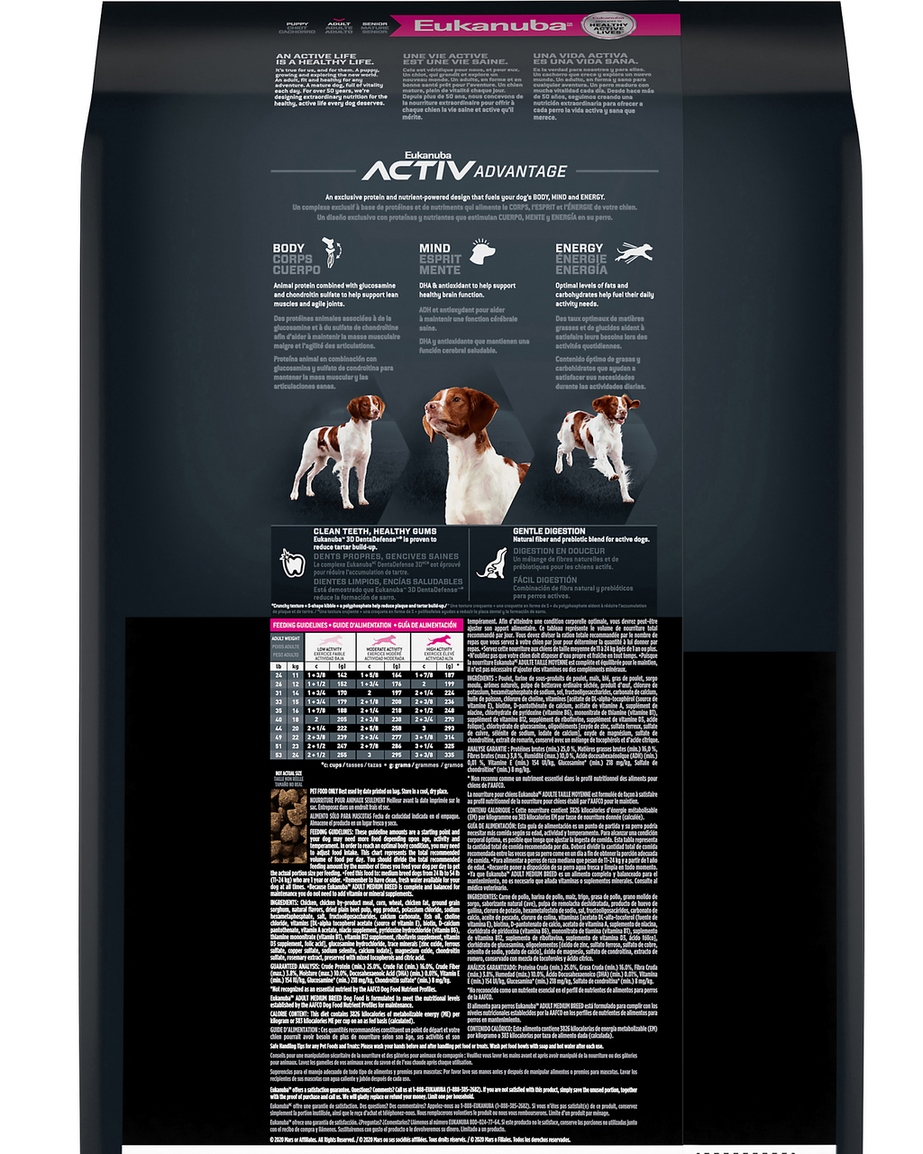 Eukanuba dog food packaging with text and images on a black background