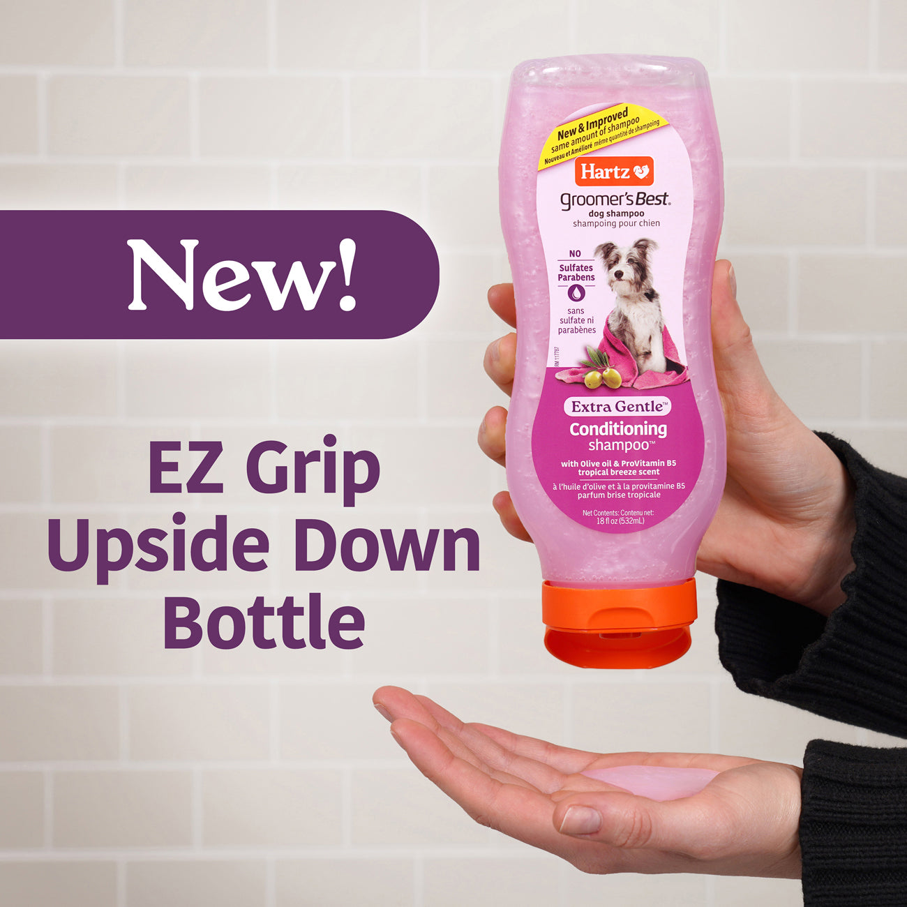 bottle of Hartz Groomer's Best dog shampoo with 'New! EZ Grip Upside Down Bottle' 