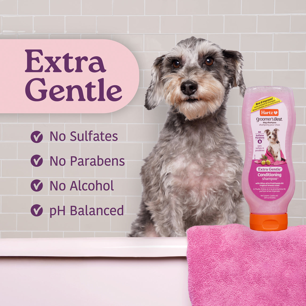 'Groomer's Best' shampoo and product features listed.