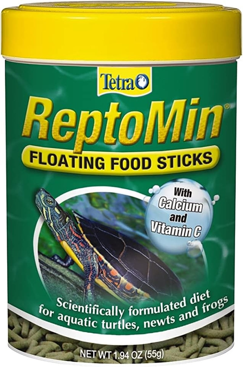 Tetra ReptoMin floating food sticks container with turtle illustration on green background