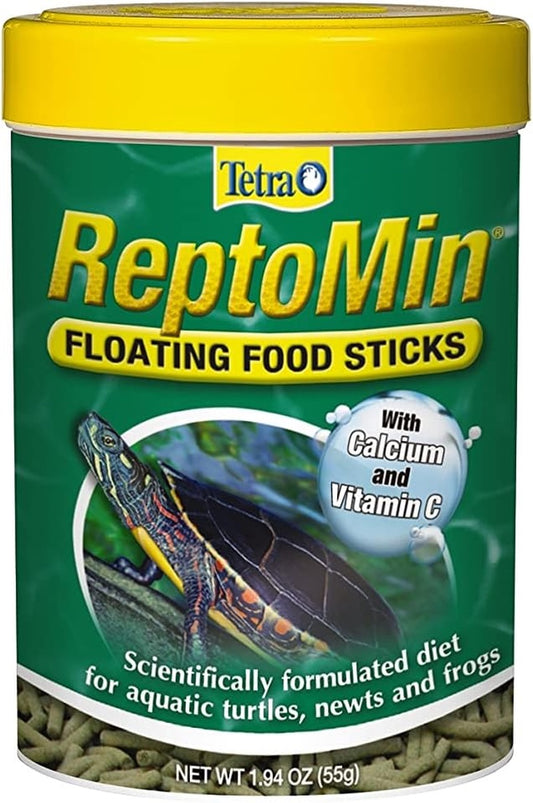 Tetra ReptoMin floating food sticks container with turtle illustration on green background