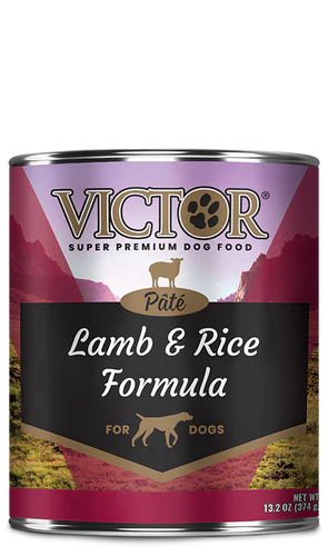 Can of Victor Super Premium Dog Food with Lamb & Rice Formula on a white background