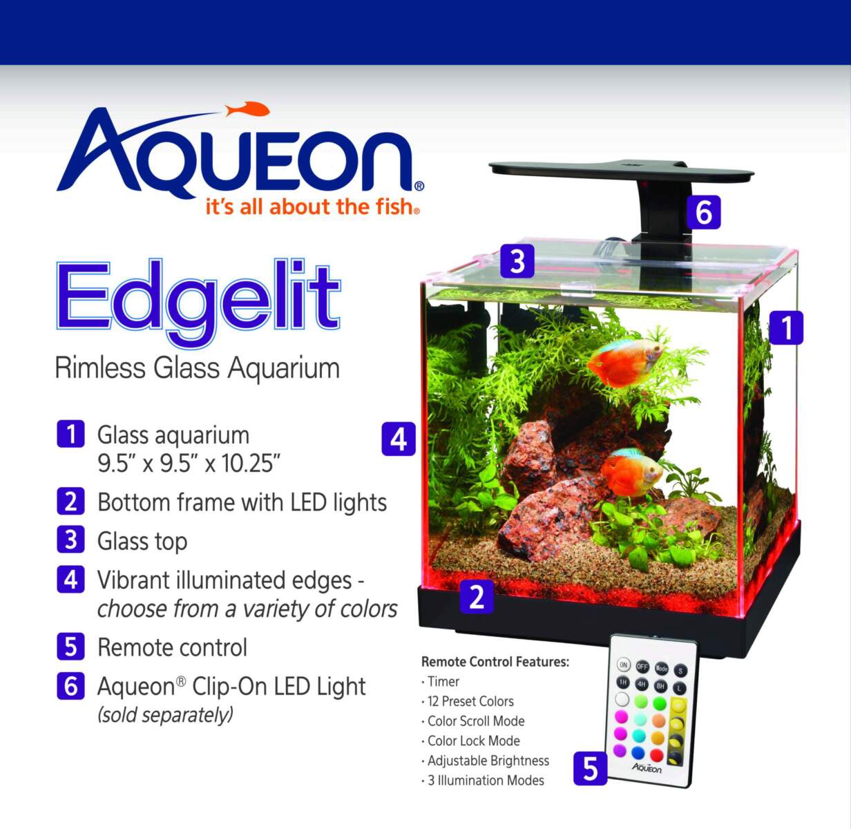 Aqueon Edgelit Rimless Glass Aquarium with features listed on a white background
