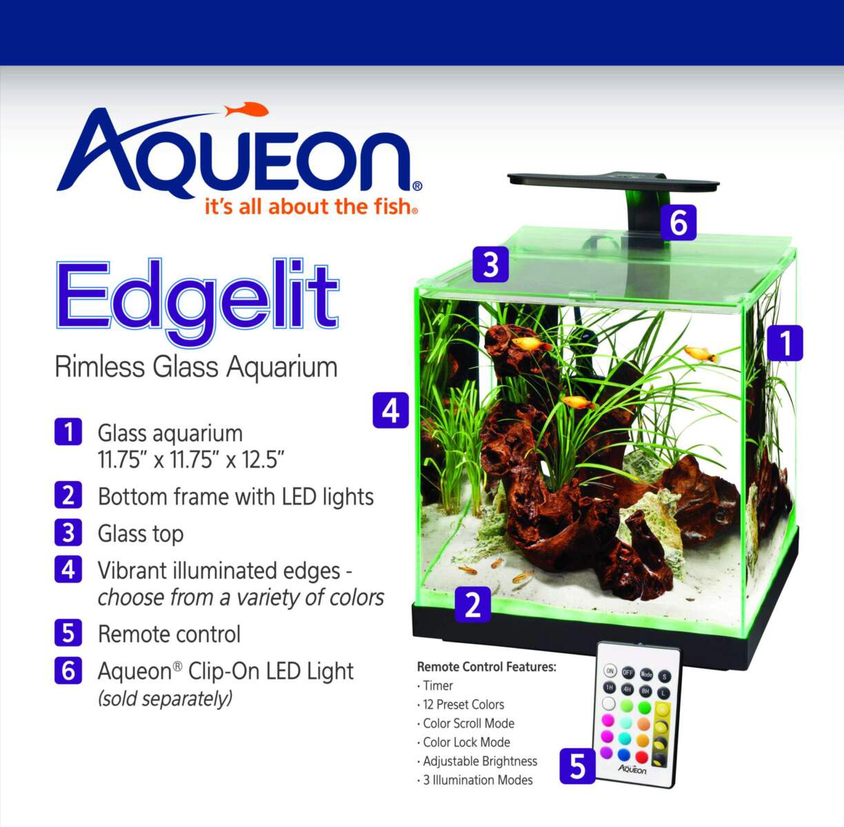 Aqueon Edgelit Rimless Glass Aquarium with features listed on a white background