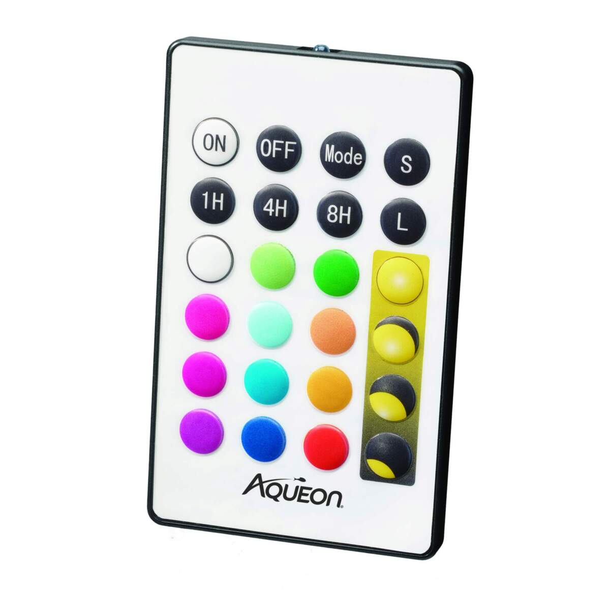 Aqueon aquarium light remote control with colorful buttons on a white background